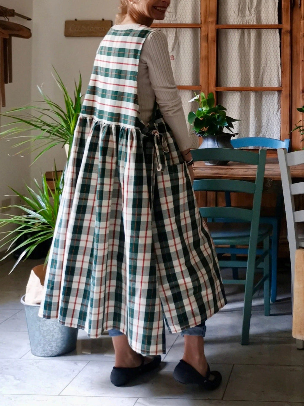 Vintage Green-Red-White Plaid Long Apron & Dress (2-in-1)