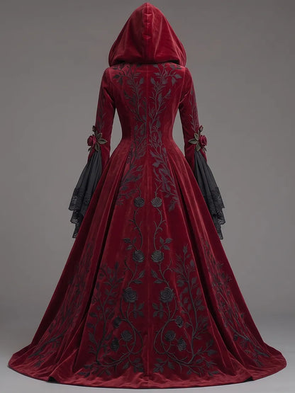 Womens High Neck Velvet Hooded Flare Sleeve Button Embroidered Lace Patch Train Long Gown