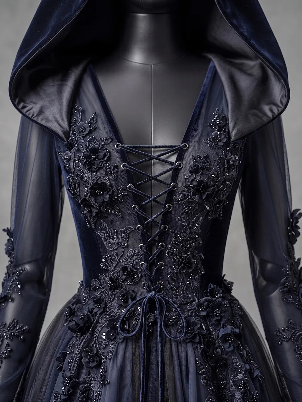 Womens V-neck Hooded Long Sleeve Lace Up 3D Floral Layered Tulle Flowy Maxi Gown