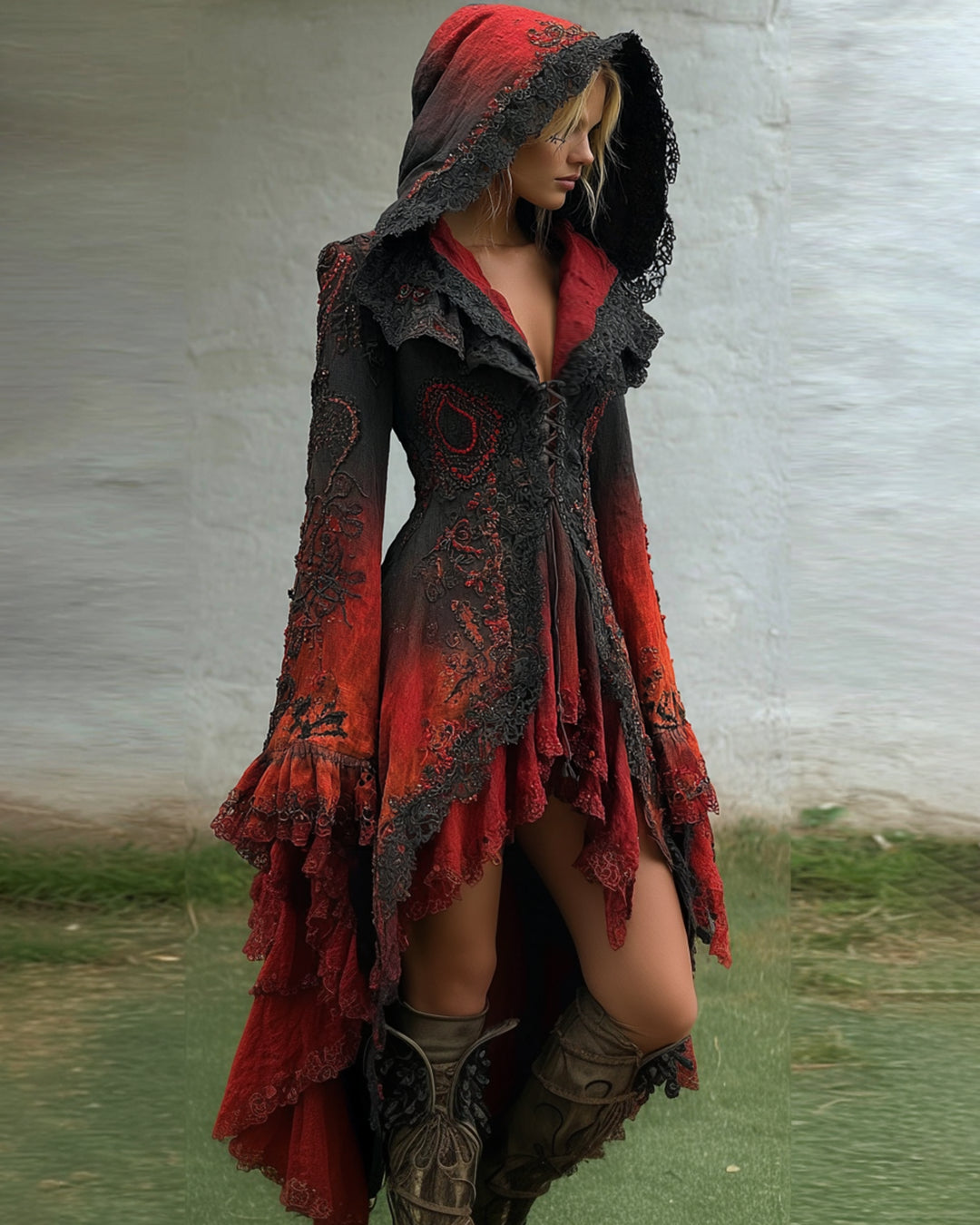 Giseabel Bohemian style Irregular Gradient Lace Patchwork Hooded Evening Dress b02a