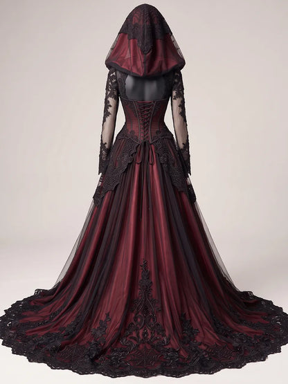 Womens Stand Collar Cut Out Keyhole Corset Mesh Long Sleeve Hooded Lace Embroidered Train Maxi Gown