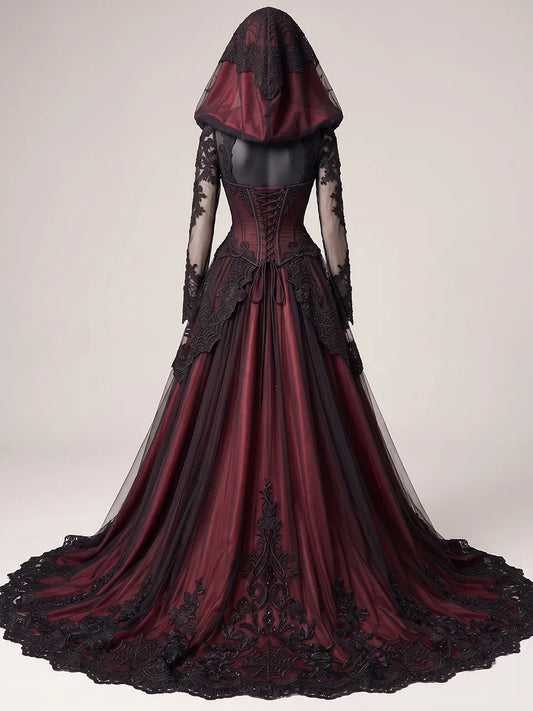 Womens Stand Collar Cut Out Keyhole Corset Mesh Long Sleeve Hooded Lace Embroidered Train Maxi Gown