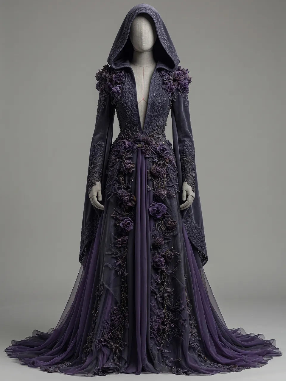 Womens Hooded Deep V Neck Velvet 3D Floral Embroidered Draped Long Sleeve Spliced Tulle Train Long Gown