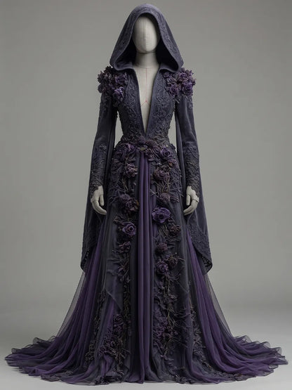 Womens Hooded Deep V Neck Velvet 3D Floral Embroidered Draped Long Sleeve Spliced Tulle Train Long Gown