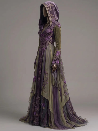 Womens Hooded V-neck Velvet Spliced Embroidered Flared Sleeve Irregular Tulle Train Long Gown