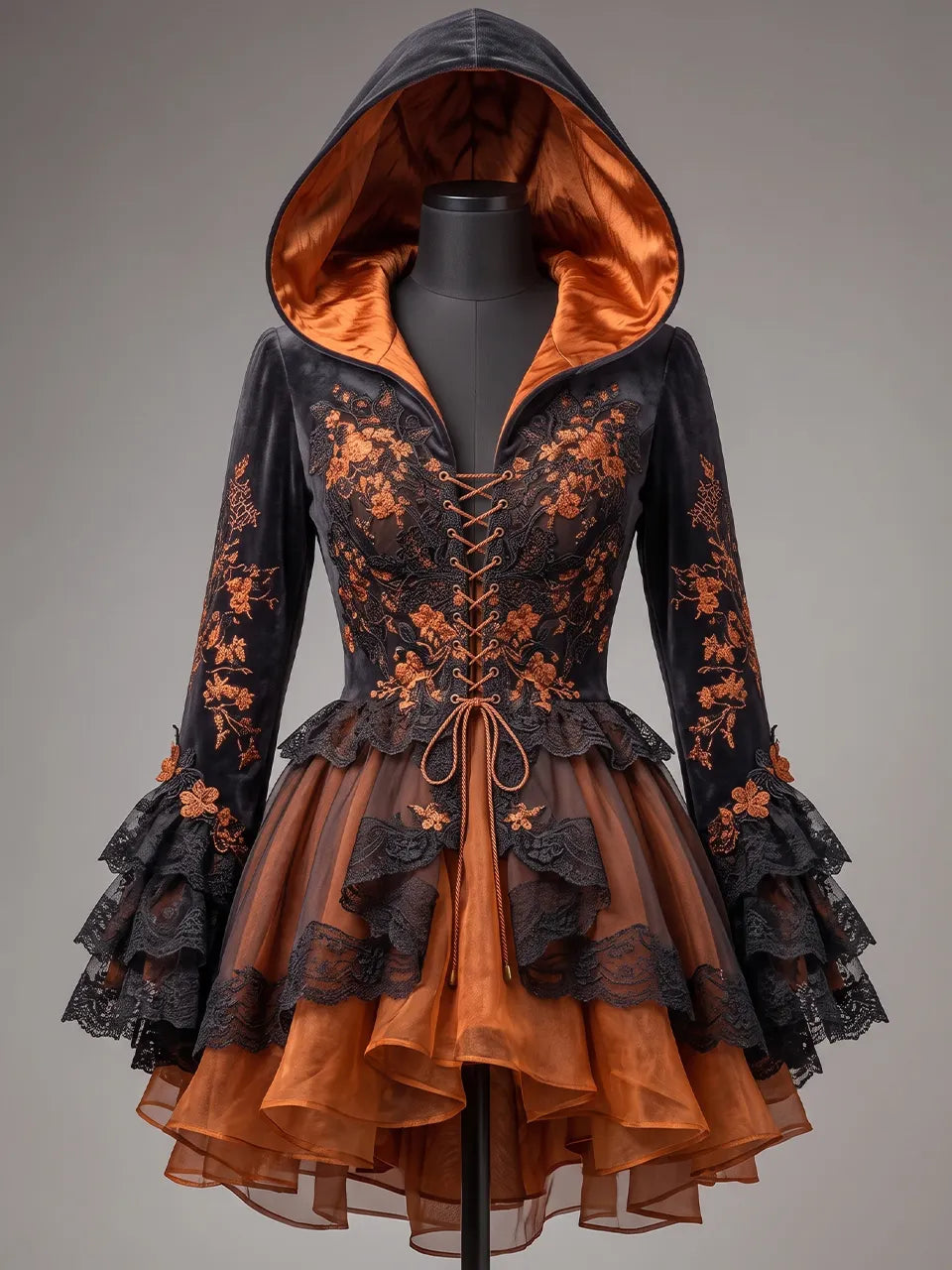 Womens Hooded V Neck Velvet Embroidered Lace Up Waist Flare Sleeve Lace Layered Tulle Short Dress