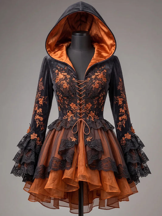 Womens Hooded V Neck Velvet Embroidered Lace Up Waist Flare Sleeve Lace Layered Tulle Short Dress