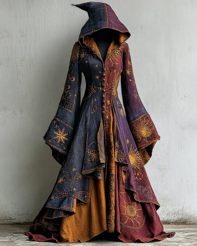 Giseabel Bohemian style Star And Moon Embroidery Patchwork Hooded Witch Evening Dress 02c2