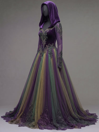 Womens Hooded V Neck Velvet Embroidered Spliced Sheer Long Sleeve Layered Tulle Embroidered Train Long Gown