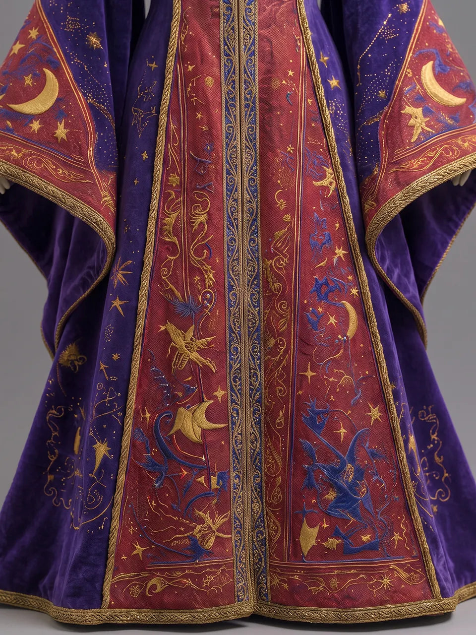 Womens Pointed Hood Draped Collar Trimmed Wide Sleeve Astrological Symbol Embroidered Velvet Long Wizard Robe