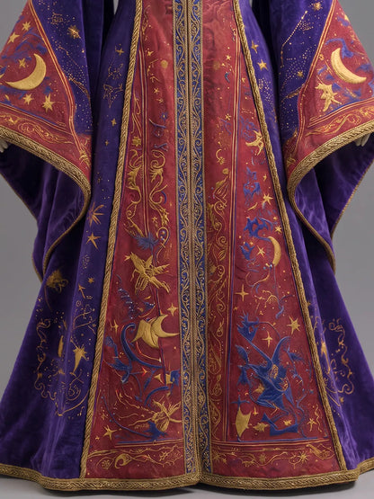 Womens Pointed Hood Draped Collar Trimmed Wide Sleeve Astrological Symbol Embroidered Velvet Long Wizard Robe