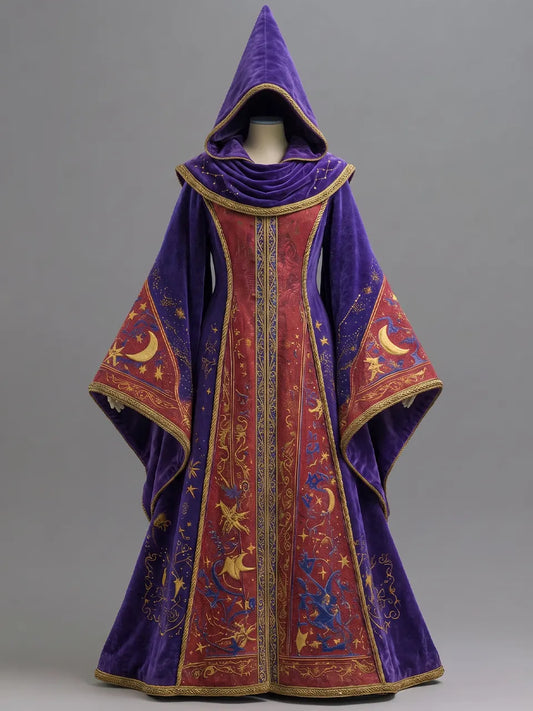 Womens Pointed Hood Draped Collar Trimmed Wide Sleeve Astrological Symbol Embroidered Velvet Long Wizard Robe