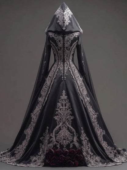 Womens Pointed Hood Sweetheart Neck Satin Embroidered Mesh Splice Long Sleeve Ball Gown Long Dress