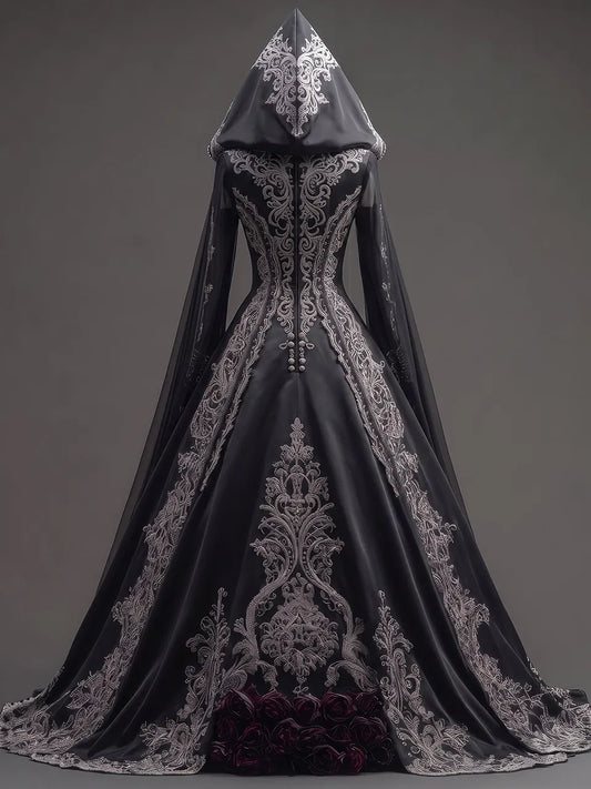 Womens Pointed Hood Sweetheart Neck Satin Embroidered Mesh Splice Long Sleeve Ball Gown Long Dress