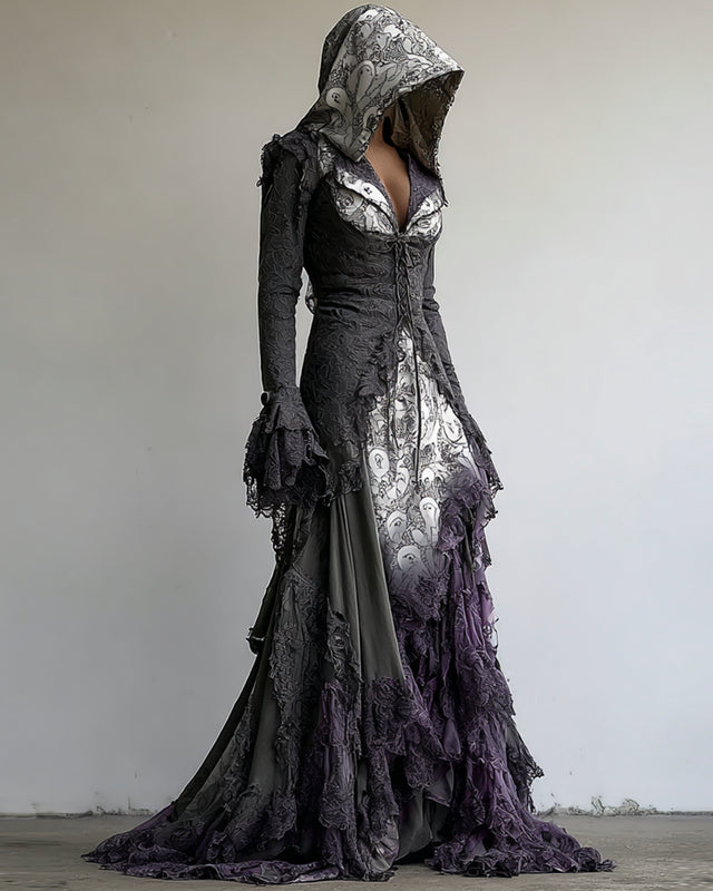 Giseabel Bohemian style Irregular Contrast Lace Patchwork Hooded Evening Dress 945d