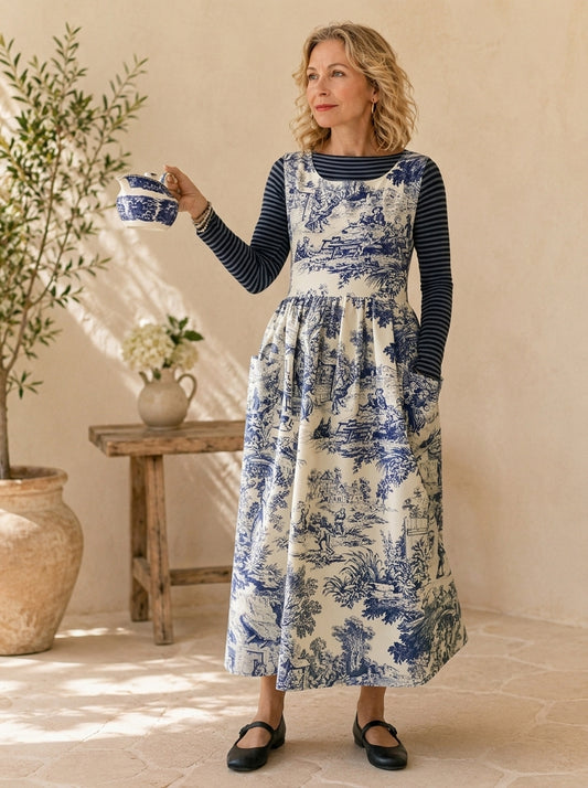 Blue Toile Cotton Pinafore Apron