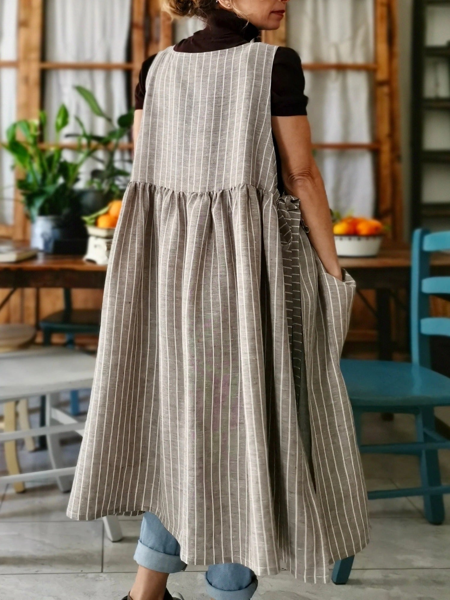 Vintage Light Brown Thin Vertical Stripe Long Apron & Dress (2-in-1)