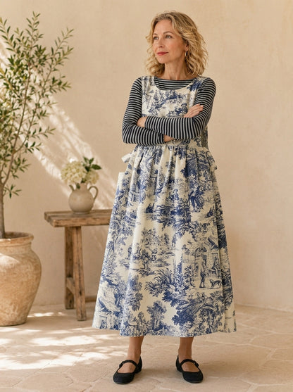 Blue Toile Cotton Pinafore Apron