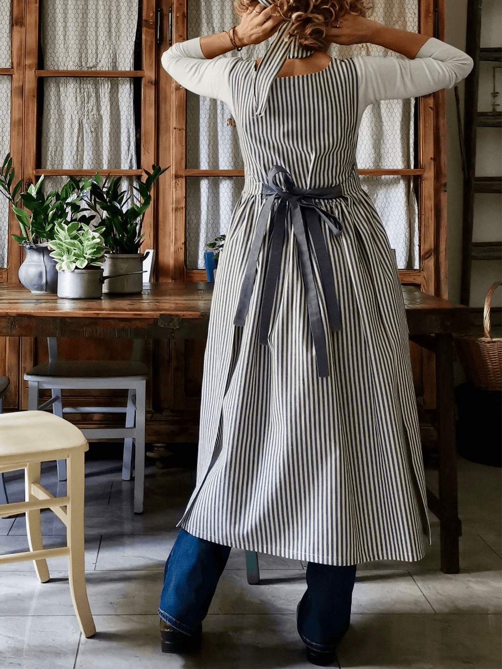 Vintage Dark Blue Thin Stripe Long Apron & Dress (2-in-1)