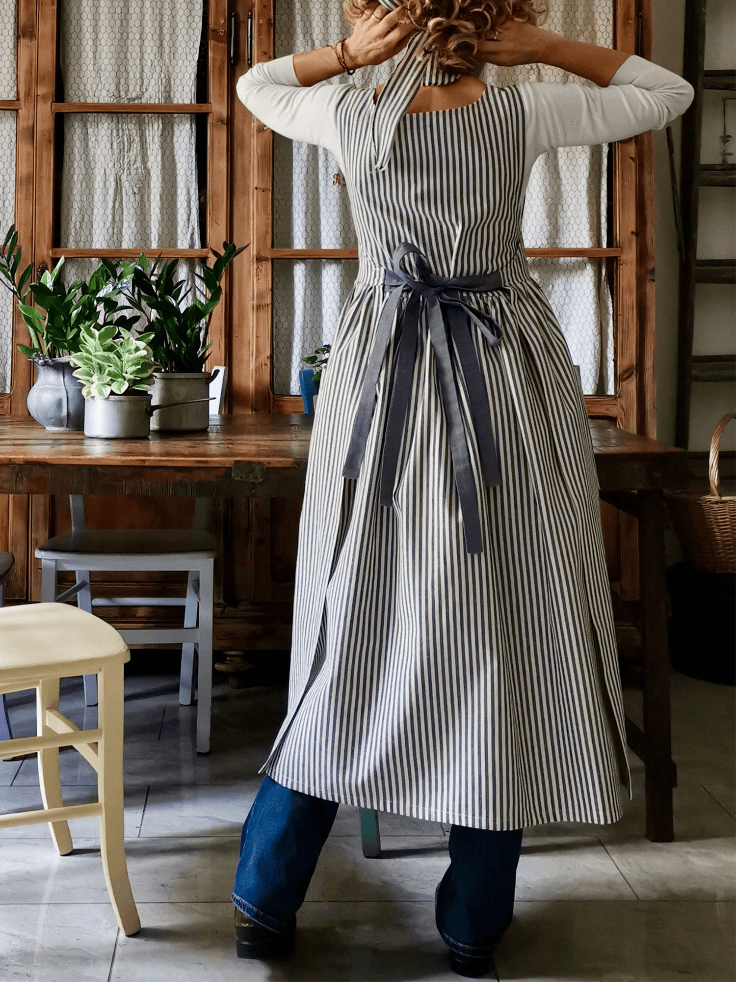 Vintage Dark Blue Thin Stripe Long Apron & Dress (2-in-1)