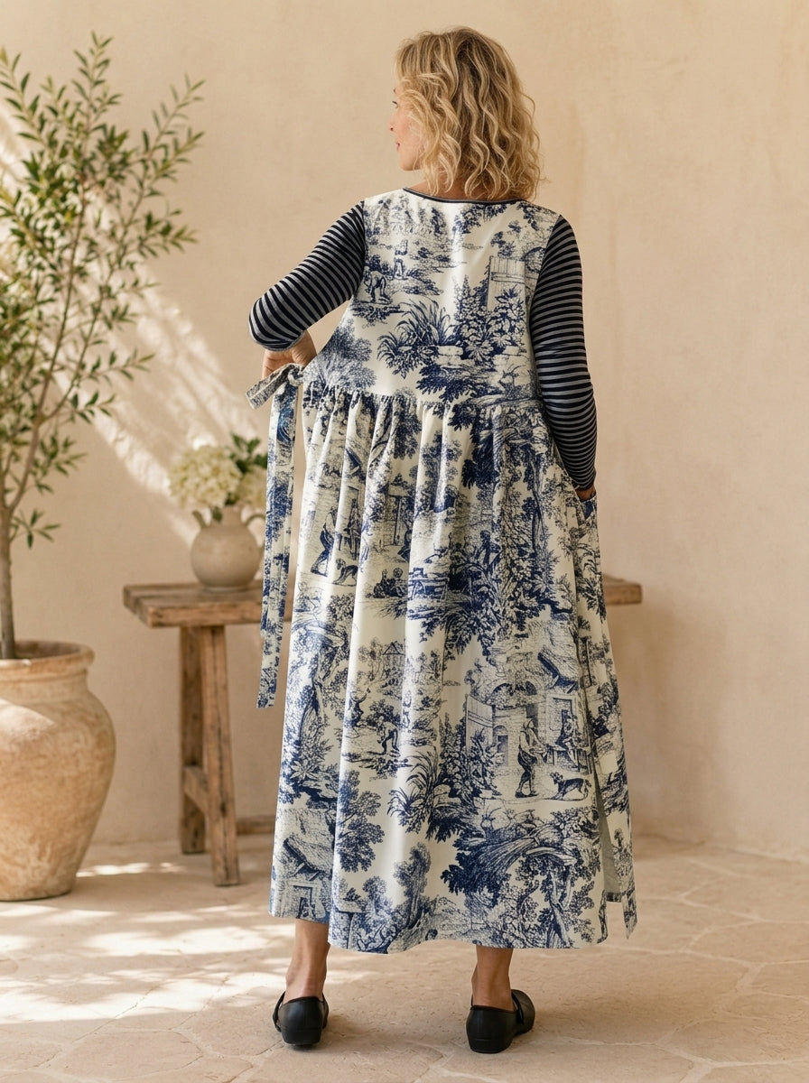 Blue Toile Cotton Pinafore Apron