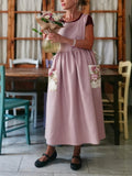 Vintage Light Pink Solid Apron & Dress (2-in-1) with Floral Pocket Patchwork