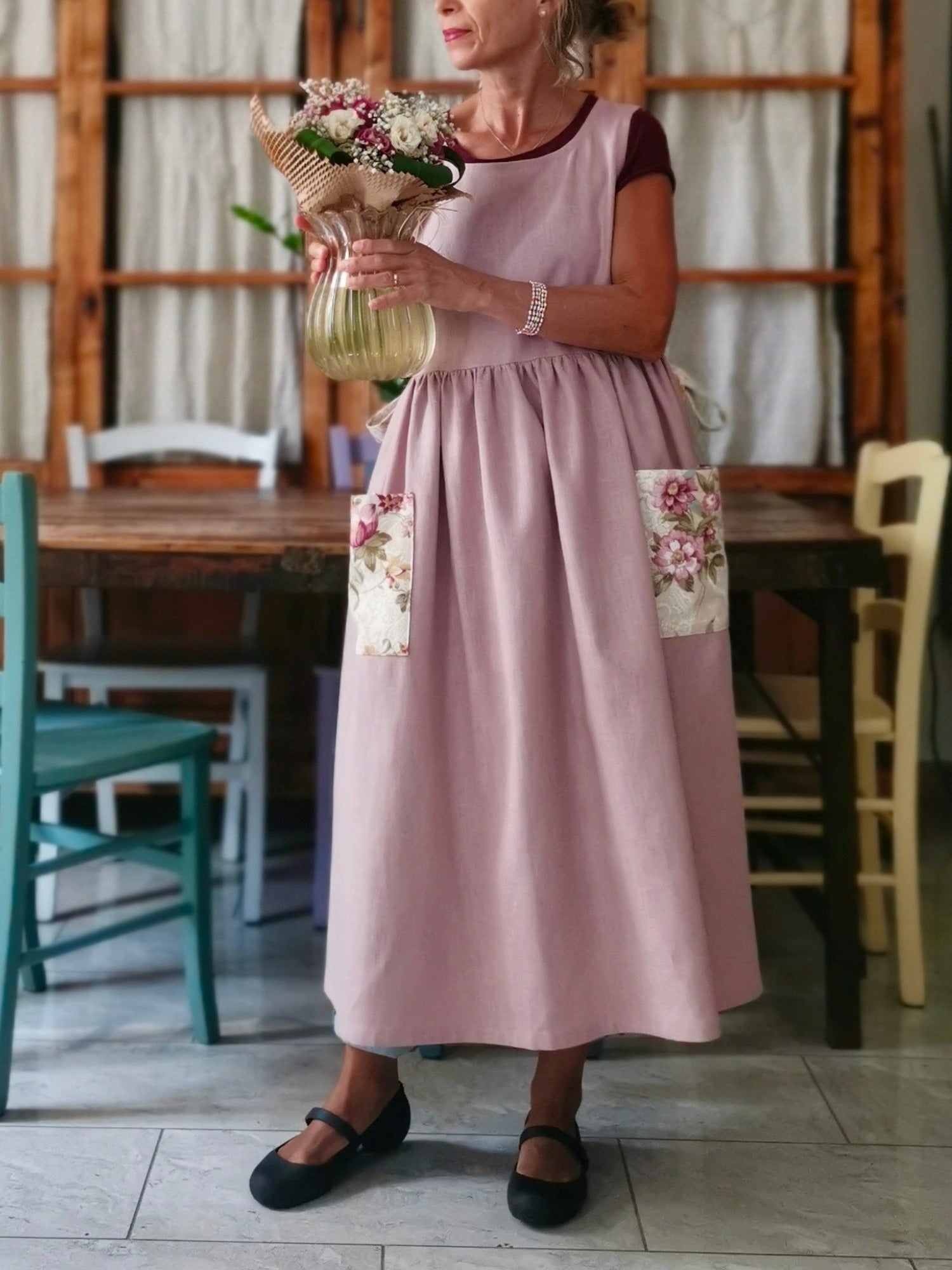 Vintage Light Pink Solid Apron & Dress (2-in-1) with Floral Pocket Patchwork