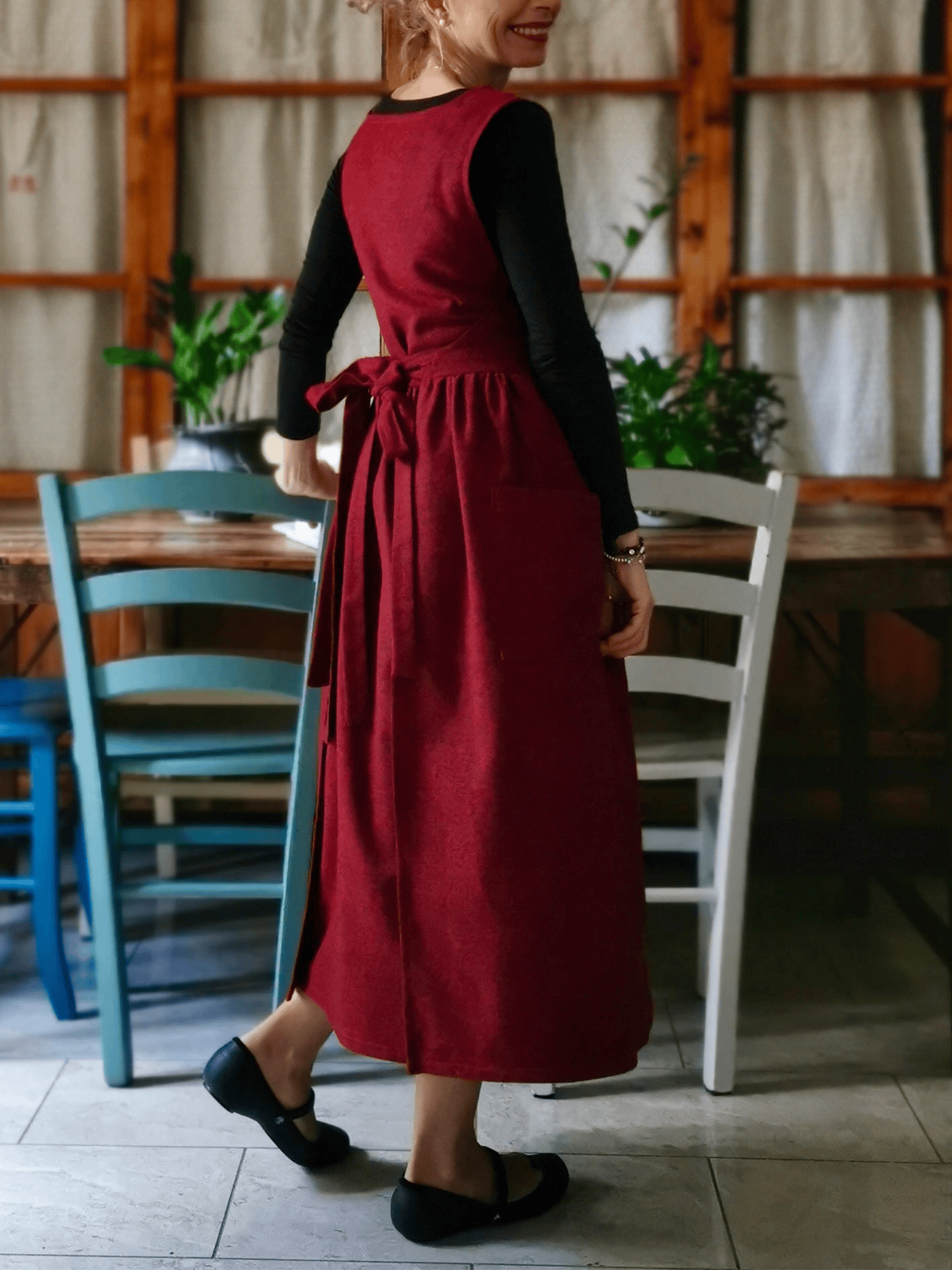 Vintage Burgundy Solid Long Apron & Dress (2-in-1)