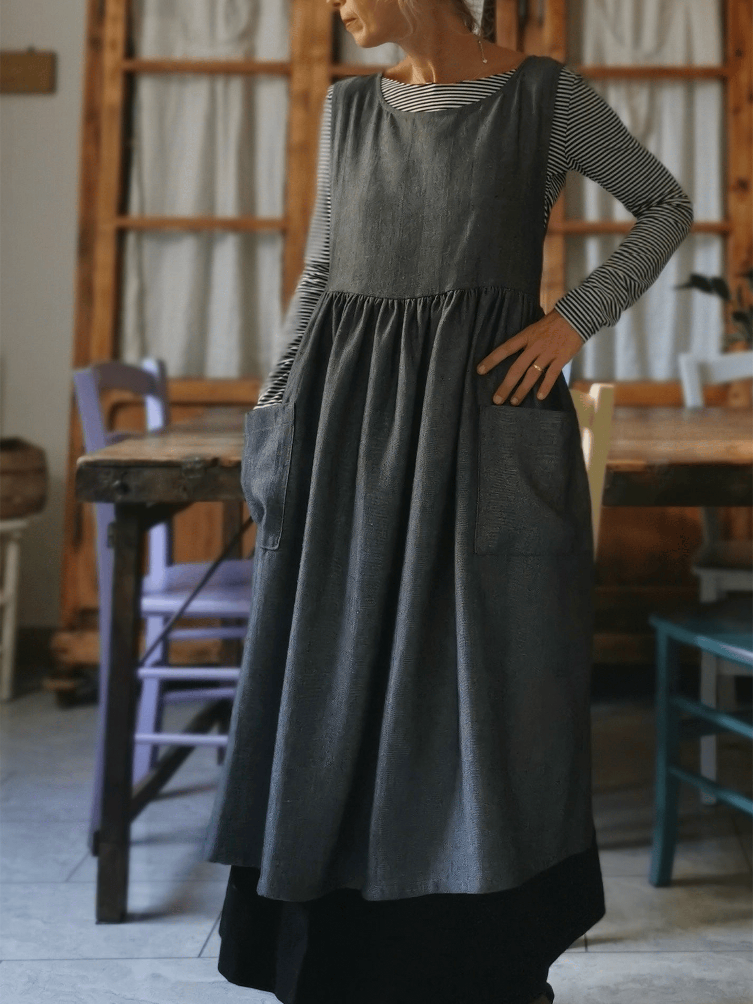 Vintage Gray Long Apron & Dress (2-in-1)