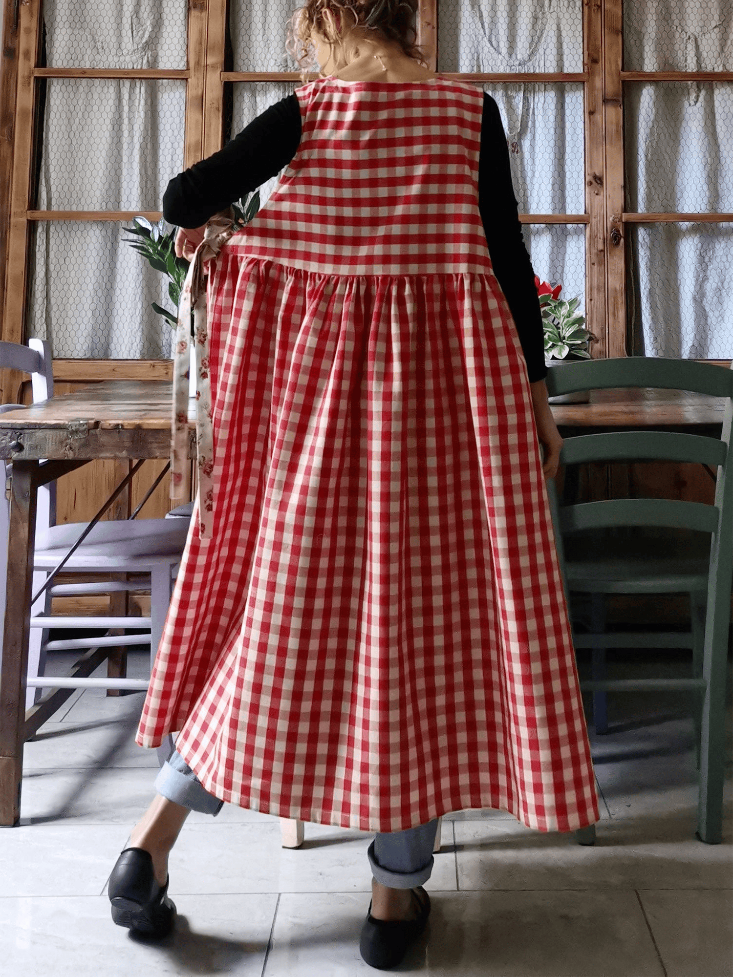 Vintage Red & White Plaid Long Apron & Dress (2-in-1) with Floral Pockets