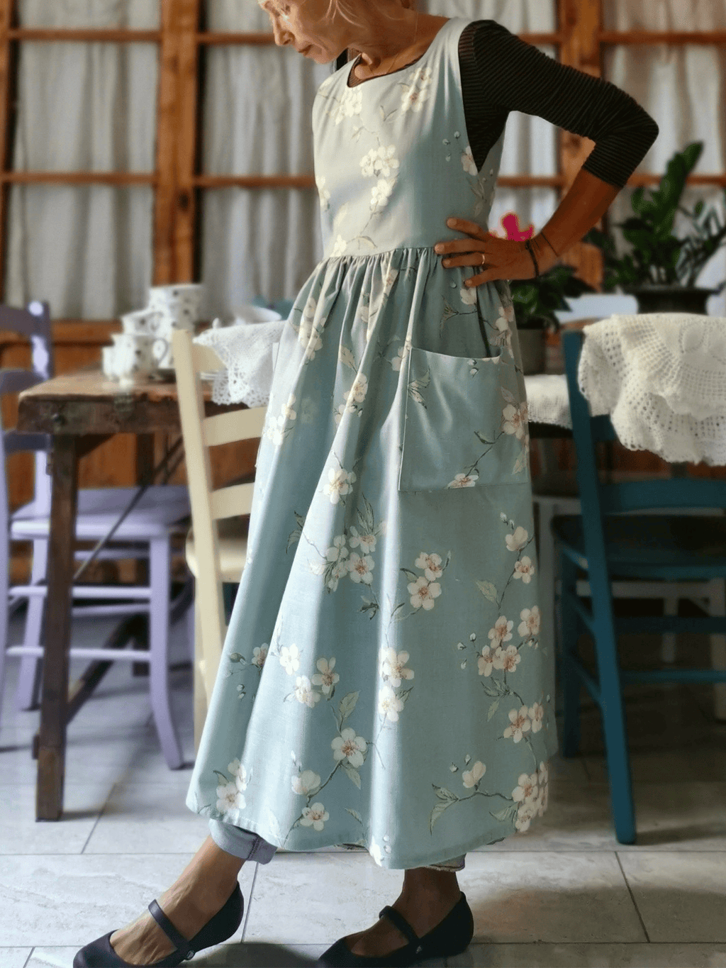Vintage Light Mint Green White Blossom Branch Print Long Apron & Dress (2-in-1)