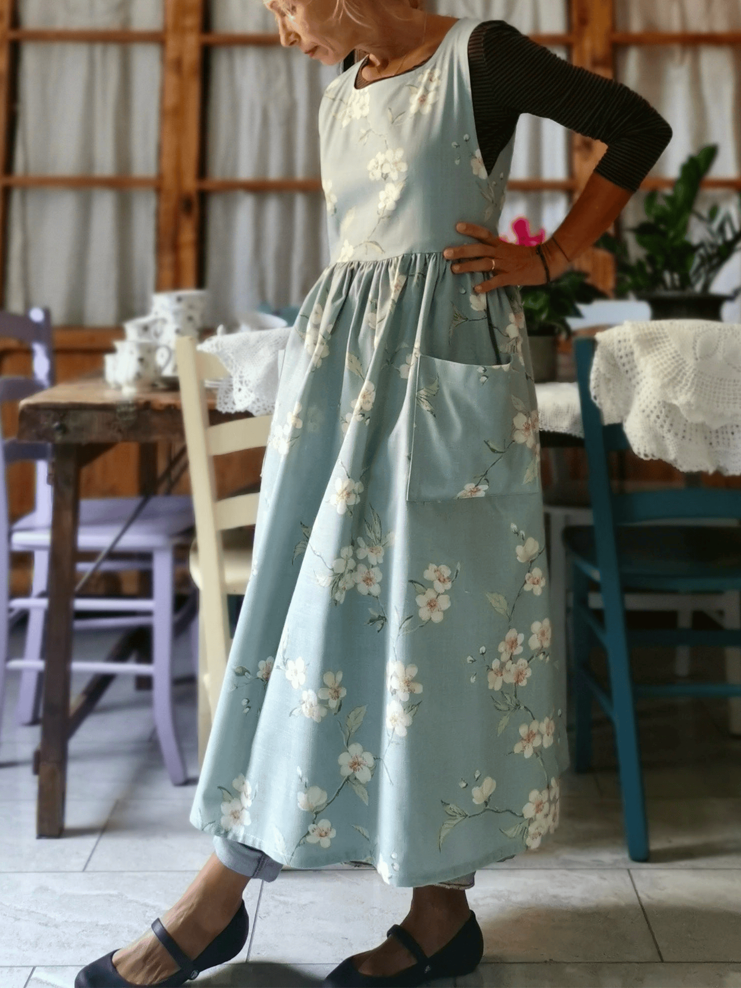 Vintage Light Mint Green White Blossom Branch Print Long Apron & Dress (2-in-1)