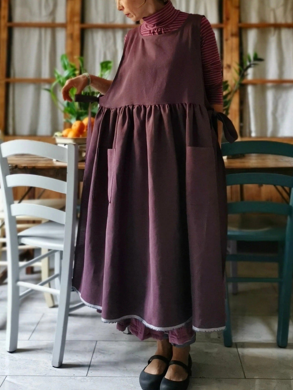 Vintage Deep Purple Solid Long Apron & Dress (2-in-1)