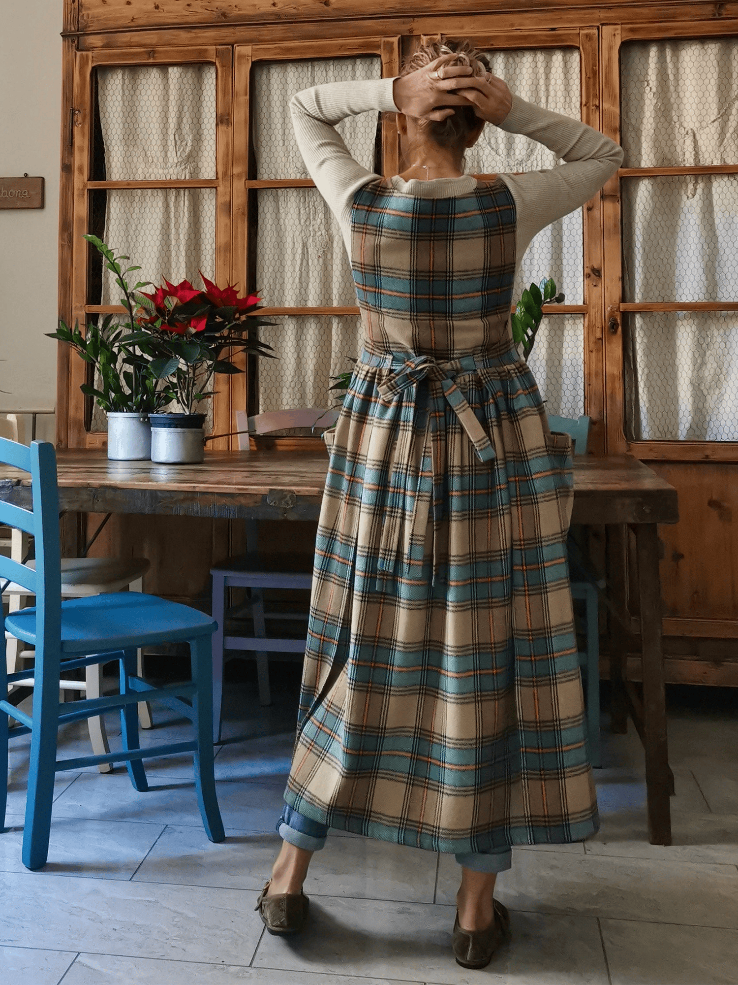 Vintage Light Khaki Blue & Brown Plaid Long Apron & Dress (2-in-1)