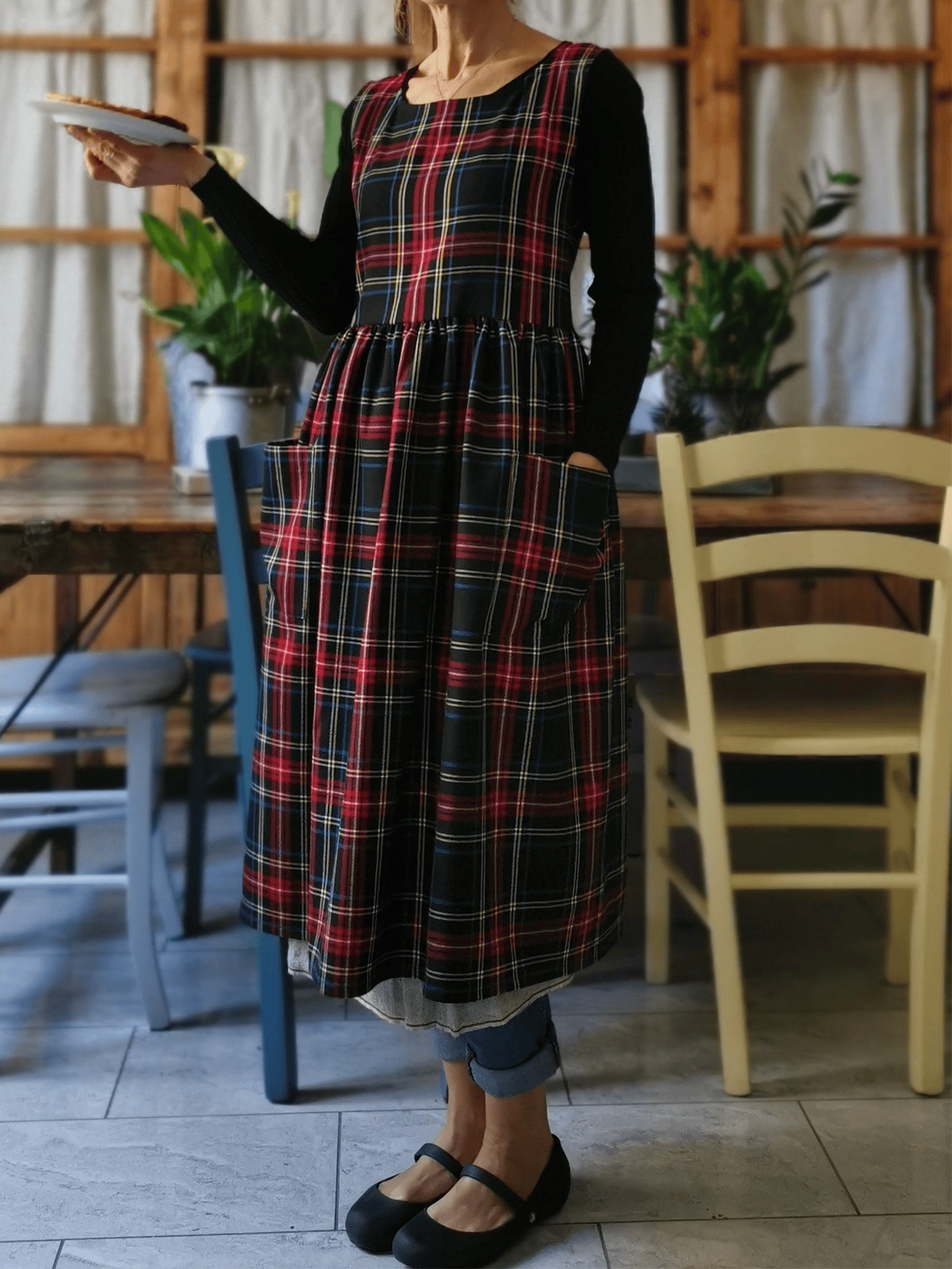 Vintage Black Base Red-Blue-Yellow Plaid Long Apron & Dress (2-in-1)