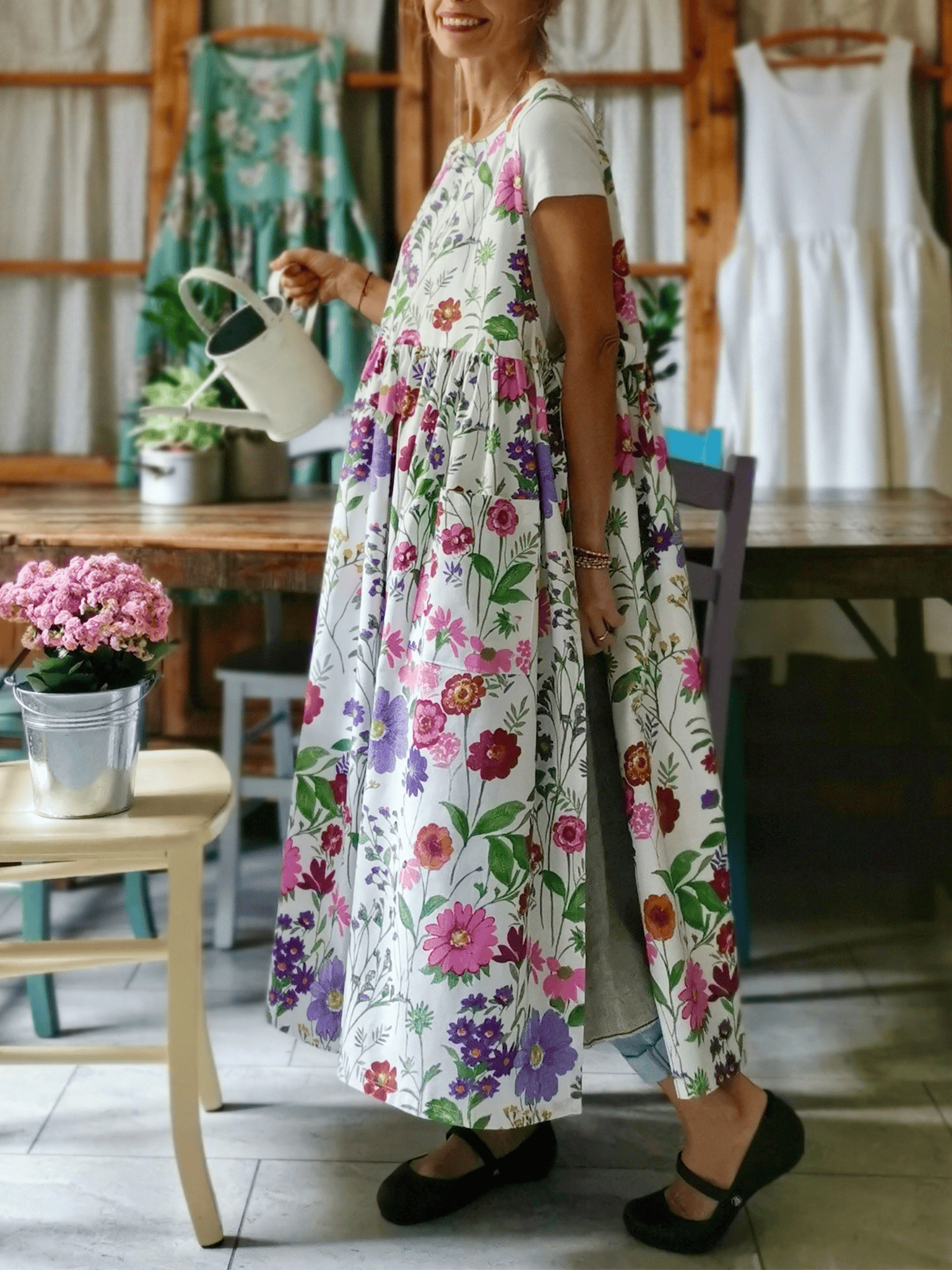 Vintage White Base Colorful Floral Print Long Apron & Dress (2-in-1)