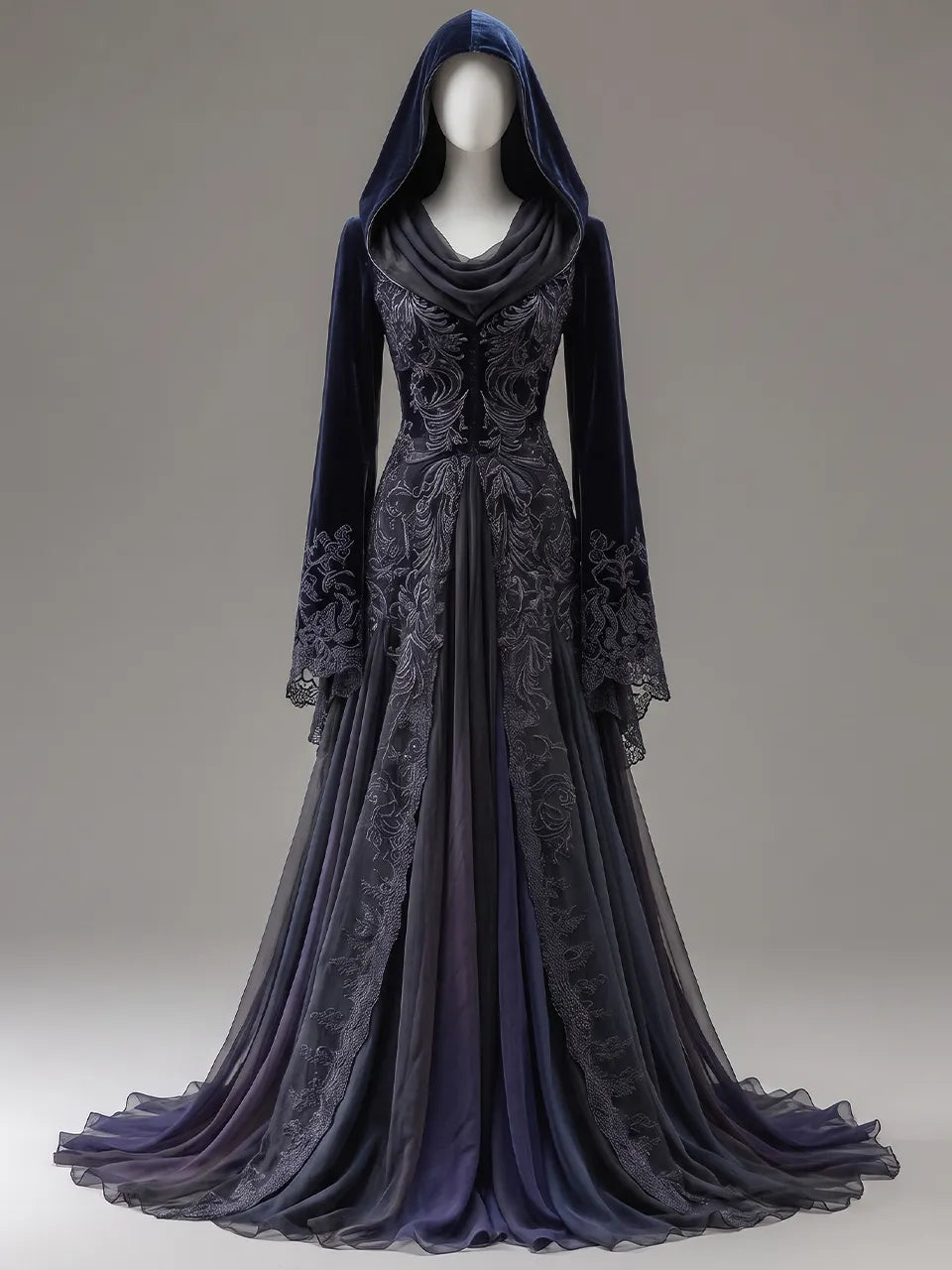 Womens V-neck Hooded Draped Collar Flare Sleeve Vine Embroidered Velvet Tulle Train Maxi Gown