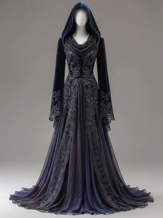 Womens V-neck Hooded Draped Collar Flare Sleeve Vine Embroidered Velvet Tulle Train Maxi Gown