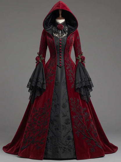 Womens High Neck Velvet Hooded Flare Sleeve Button Embroidered Lace Patch Train Long Gown