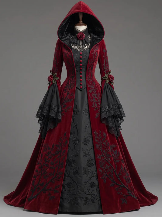 Womens High Neck Velvet Hooded Flare Sleeve Button Embroidered Lace Patch Train Long Gown