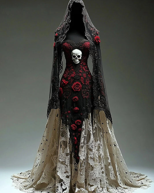 Giseabel Bohemian style Rose And Skull Embroidered Contrast Lace Evening Dress f528