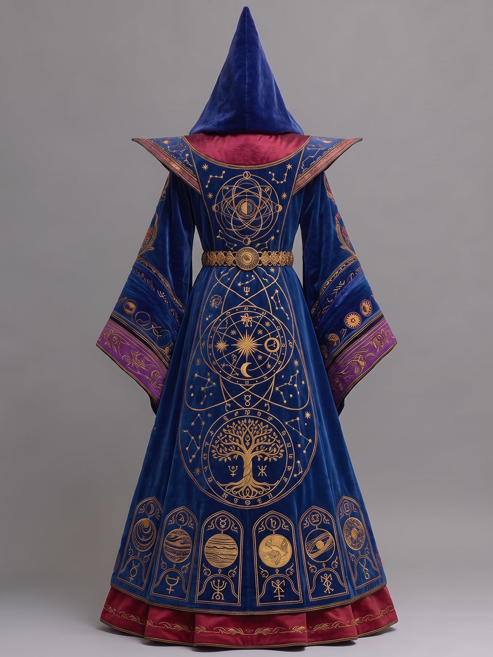 Womens Pointed Hood Wide Lapel Flare Sleeve Mystical Symbol Embroidered Velvet Long Wizard Robe