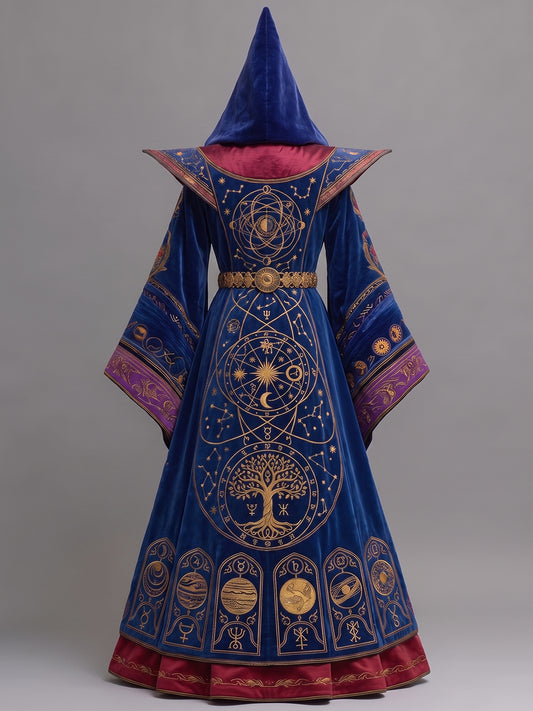 Womens Pointed Hood Wide Lapel Flare Sleeve Mystical Symbol Embroidered Velvet Long Wizard Robe