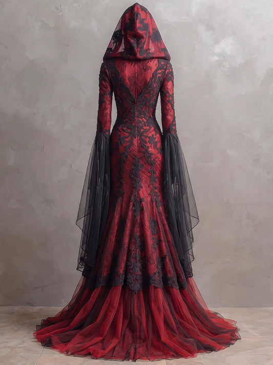 Womens Hooded Deep V-neck Fitted Slit Flared Sleeve Lace Embroidered Tulle Train Maxi Gown