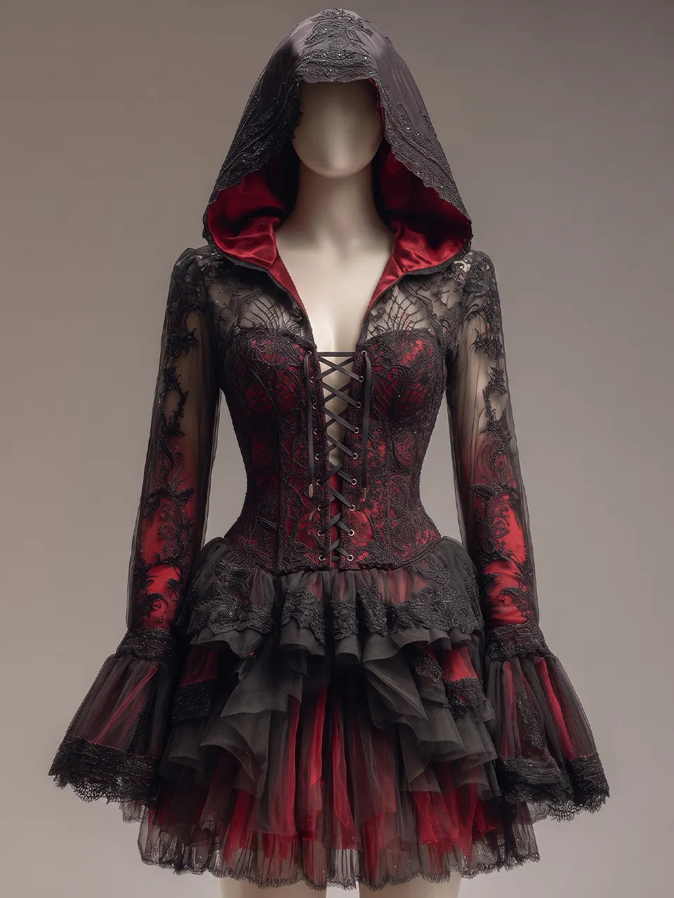 Womens Hooded Lace Up Corset Lace Spliced Flare Sleeve Multi Layer Ruffled Short Gown