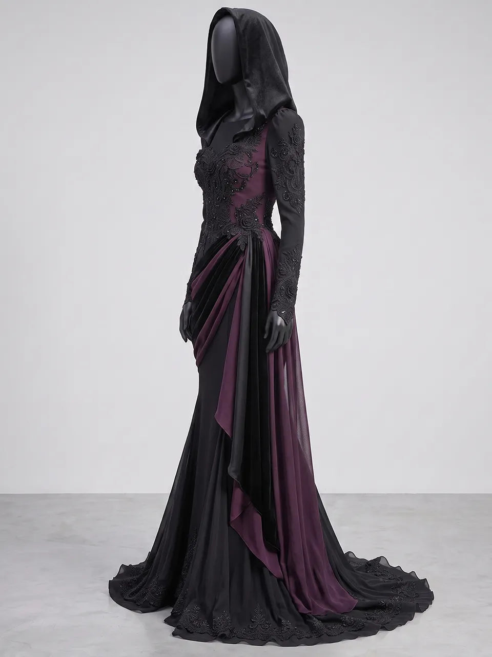Womens Round Neck Sheer Panel Embroidered Hooded Draped Ruched Mermaid Train Maxi Gown