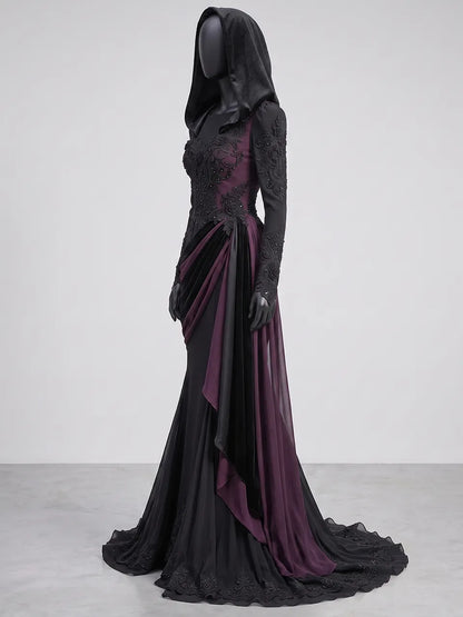 Womens Round Neck Sheer Panel Embroidered Hooded Draped Ruched Mermaid Train Maxi Gown