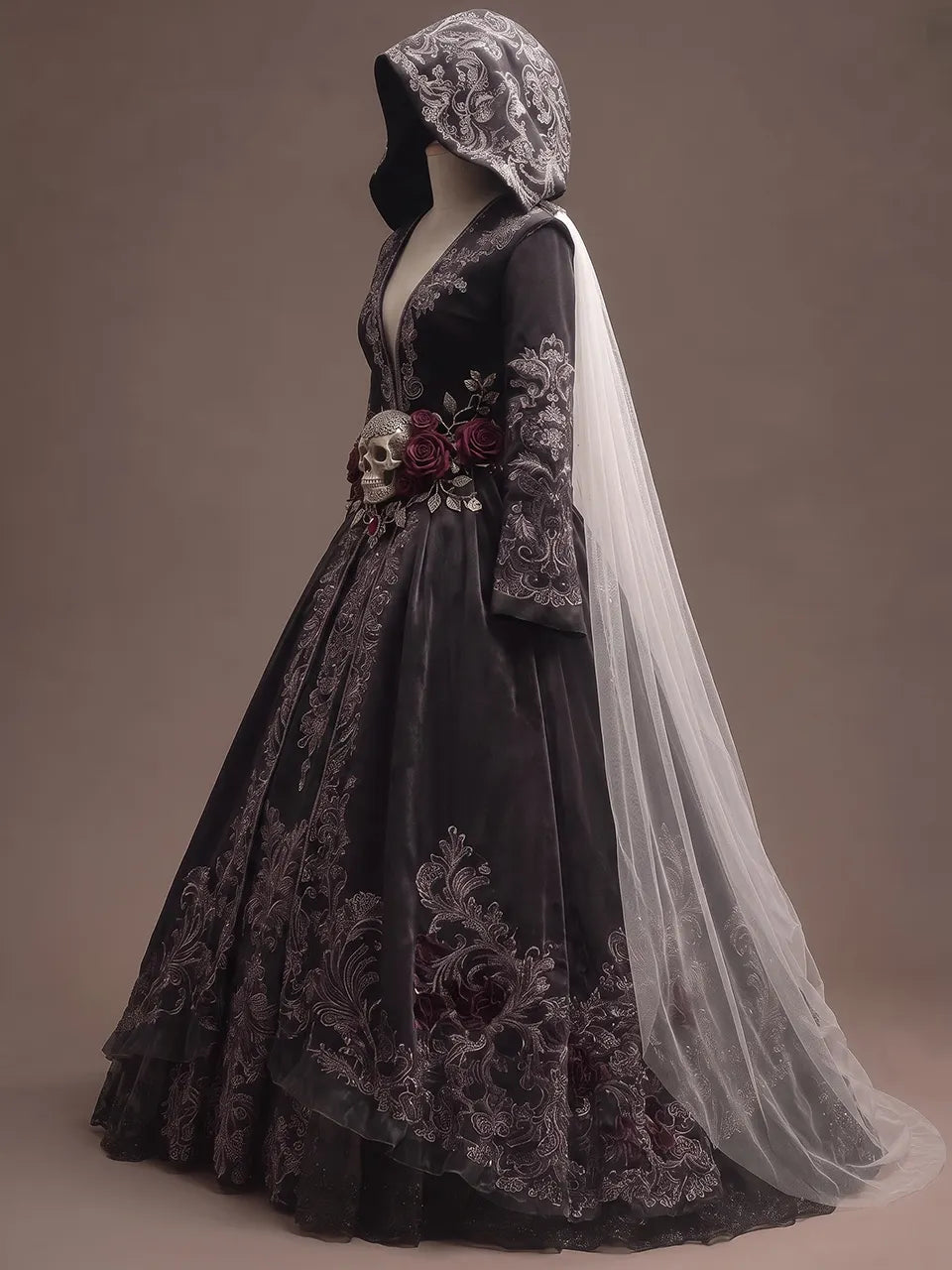 Womens Hooded Deep V Neck Velvet Embroidered Long Sleeve Ball Gown Train Long Dress