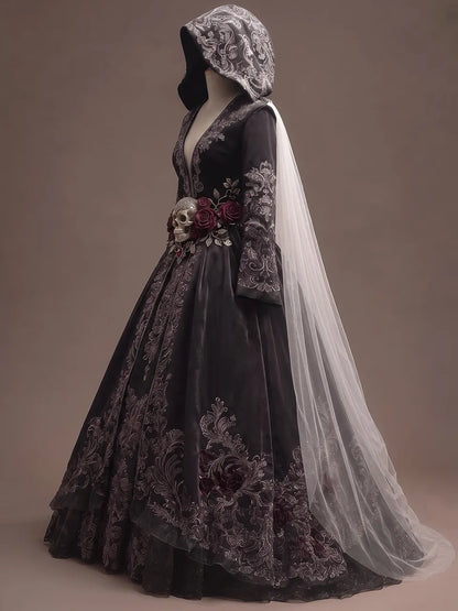 Womens Hooded Deep V Neck Velvet Embroidered Long Sleeve Ball Gown Train Long Dress