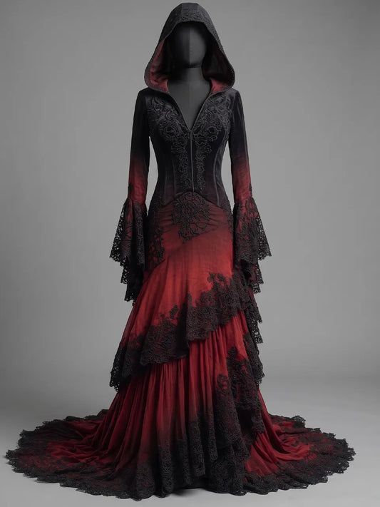 Womens Hooded V Neck Fitted Velvet Embroidered Lace Spliced Gradient Tulle Mermaid Train Long Gown